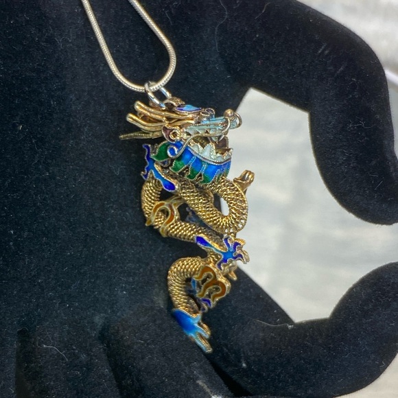 Antique CHINESE DRAGON Gold Gilt 925 Sterling Silver Cloisonné Brooch/Pendant. - Picture 11 of 15